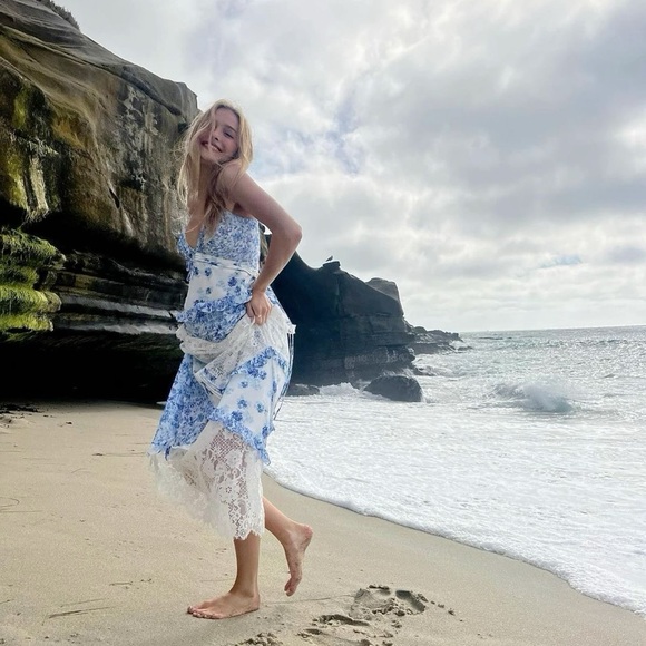 For Love & Lemons Rosalyn Maxi Dress Lace Patchwork Blue XS EUC - Picture 13 of 13